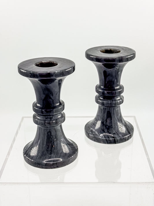 Vintage Black Marble Candlesticks - Pair