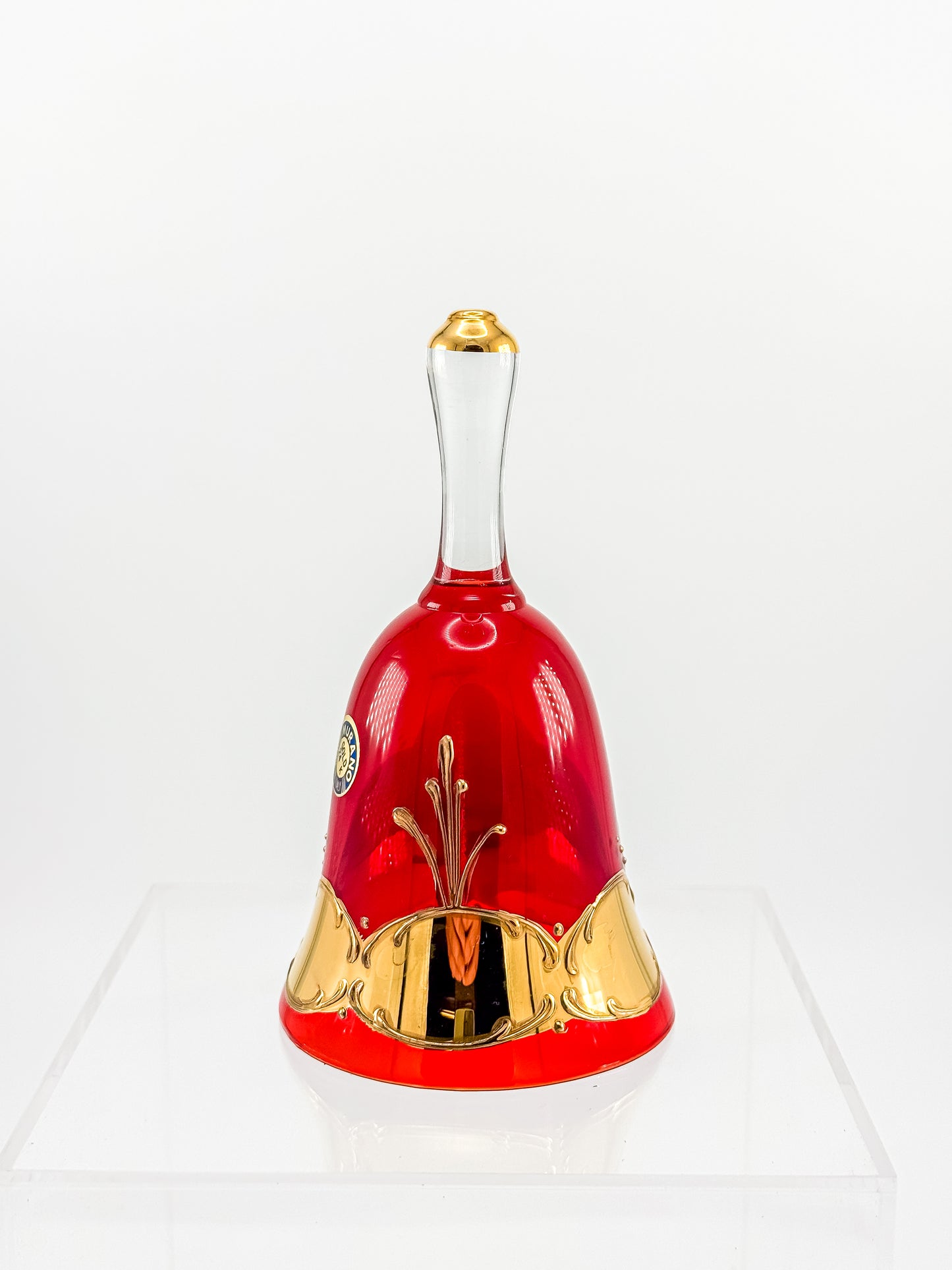 Murano Glass Bell – Ruby Red with 24K Gold & Hand-Painted Enamel Floral