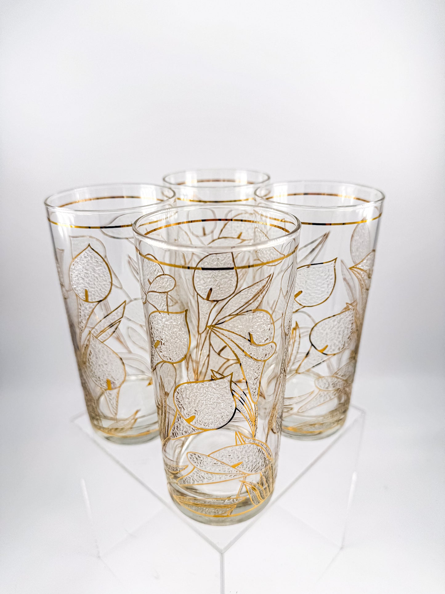 Culver "Ice Flower" Calla Lily 22k Gold Highball Glasses — Set of 4