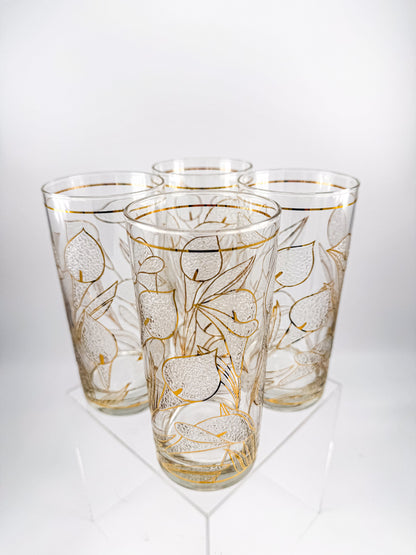 Culver "Ice Flower" Calla Lily 22k Gold Highball Glasses — Set of 4