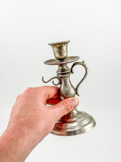 Pewter Repro Works 1995 Colonial Style Handled Chamberstick Candleholder