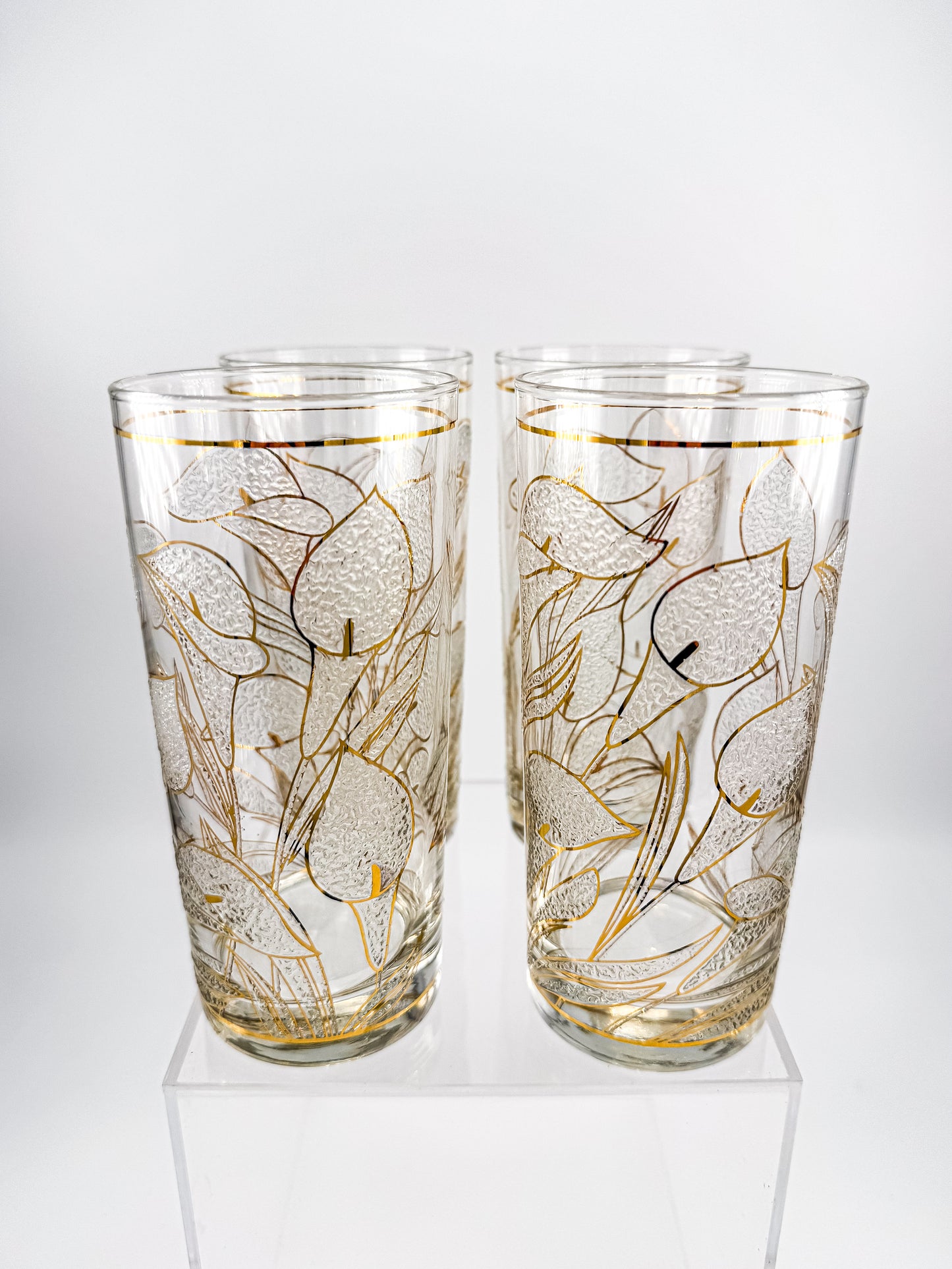 Culver "Ice Flower" Calla Lily 22k Gold Highball Glasses — Set of 4
