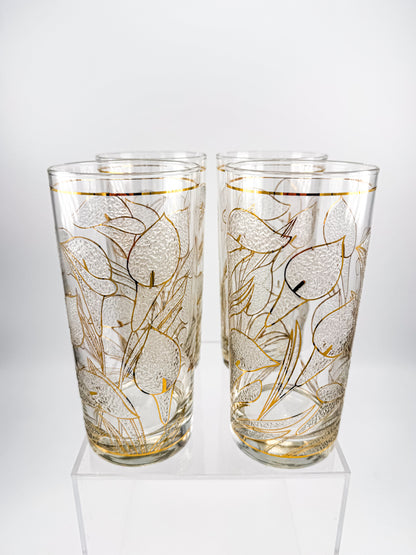 Culver "Ice Flower" Calla Lily 22k Gold Highball Glasses — Set of 4