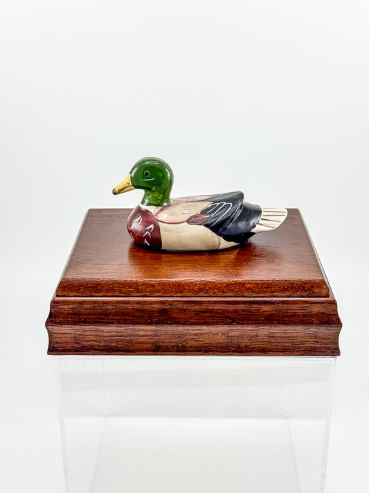 Vintage Mahogany Double Playing Card Box — Hand-Painted Mallard Duck Lid, Two Sealed Decks