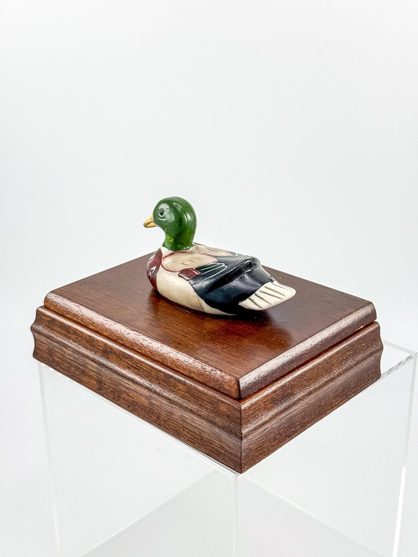Vintage Mahogany Double Playing Card Box — Hand-Painted Mallard Duck Lid, Two Sealed Decks