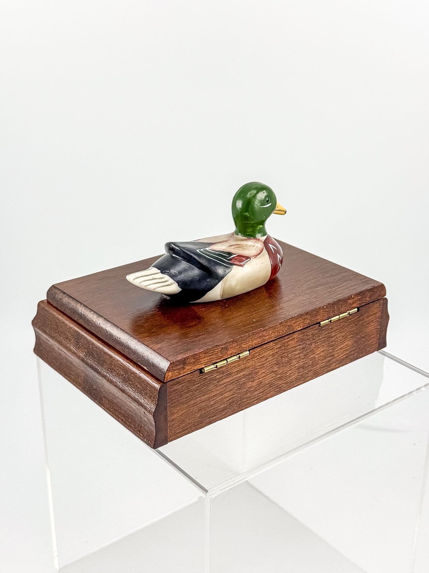 Vintage Mahogany Double Playing Card Box — Hand-Painted Mallard Duck Lid, Two Sealed Decks