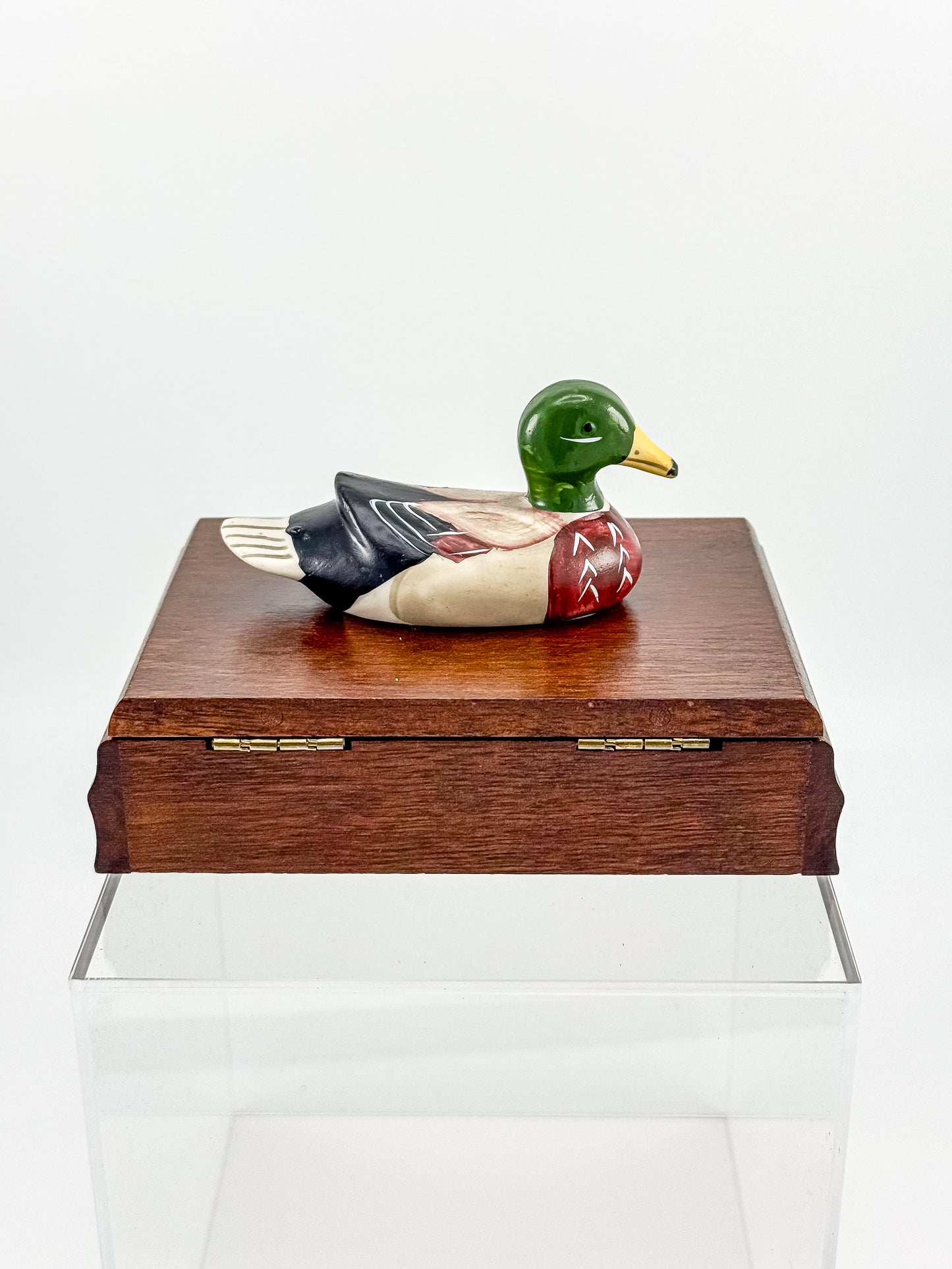 Vintage Mahogany Double Playing Card Box — Hand-Painted Mallard Duck Lid, Two Sealed Decks