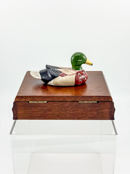 Vintage Mahogany Double Playing Card Box — Hand-Painted Mallard Duck Lid, Two Sealed Decks