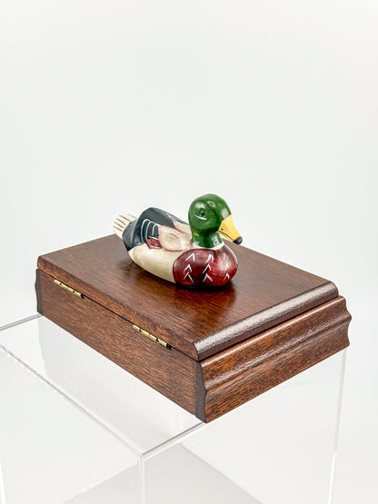 Vintage Mahogany Double Playing Card Box — Hand-Painted Mallard Duck Lid, Two Sealed Decks