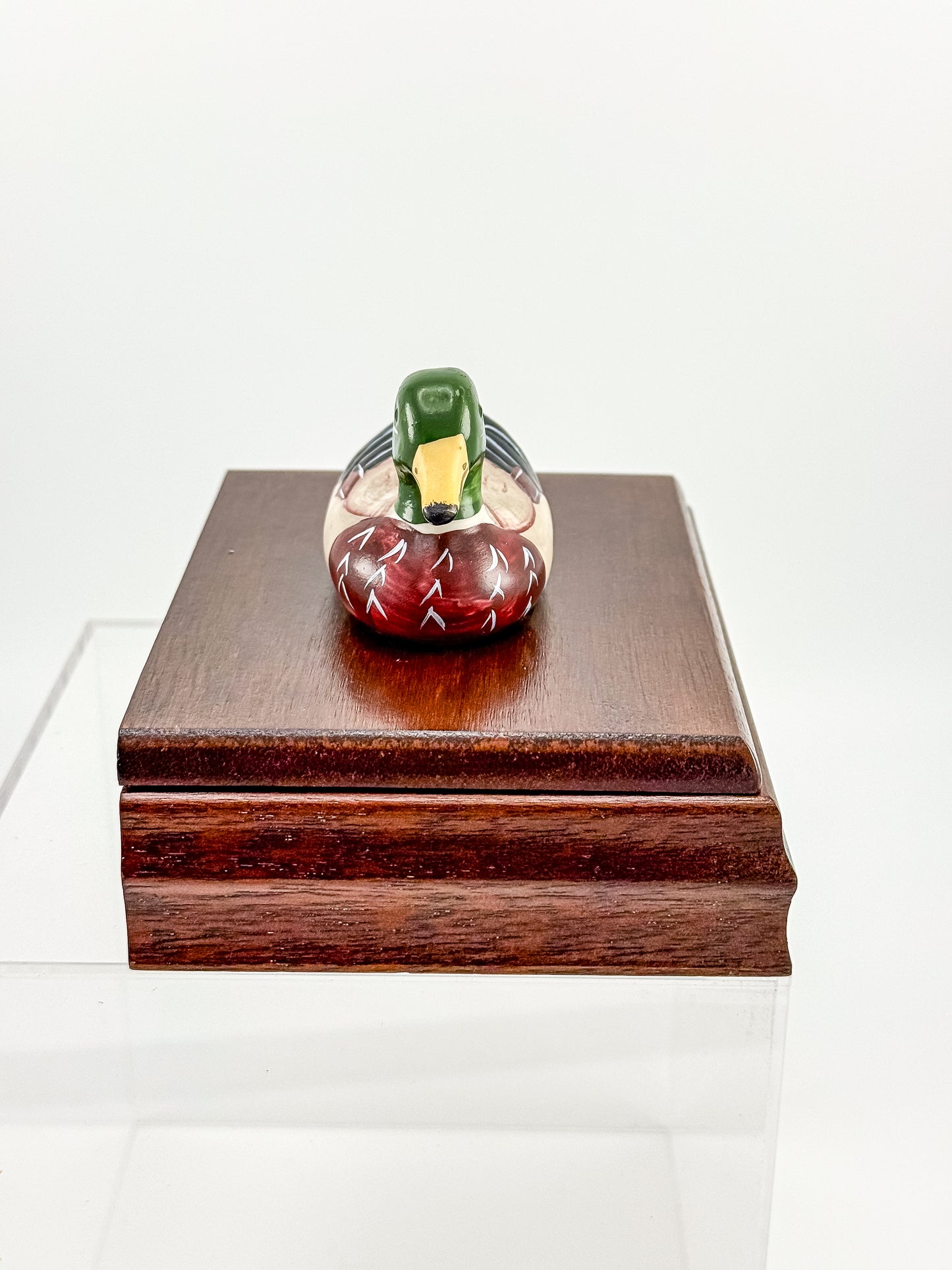 Vintage Mahogany Double Playing Card Box — Hand-Painted Mallard Duck Lid, Two Sealed Decks