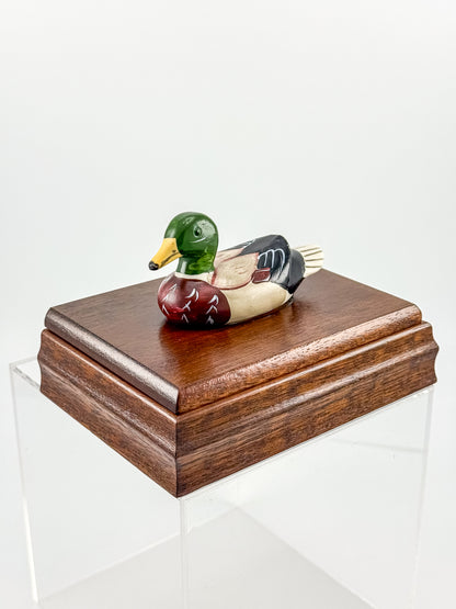 Vintage Mahogany Double Playing Card Box — Hand-Painted Mallard Duck Lid, Two Sealed Decks
