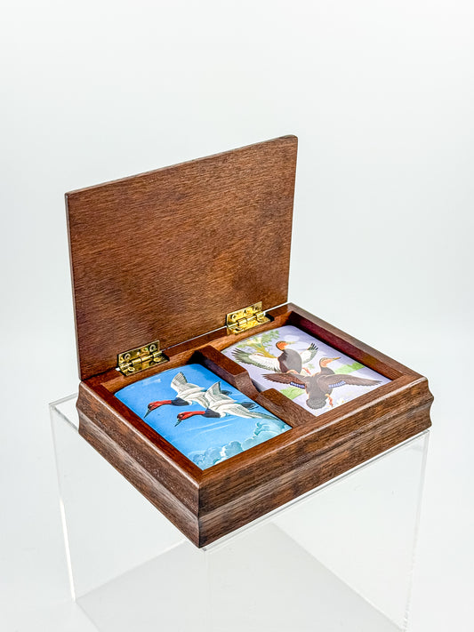 Vintage Mahogany Double Playing Card Box — Hand-Painted Mallard Duck Lid, Two Sealed Decks