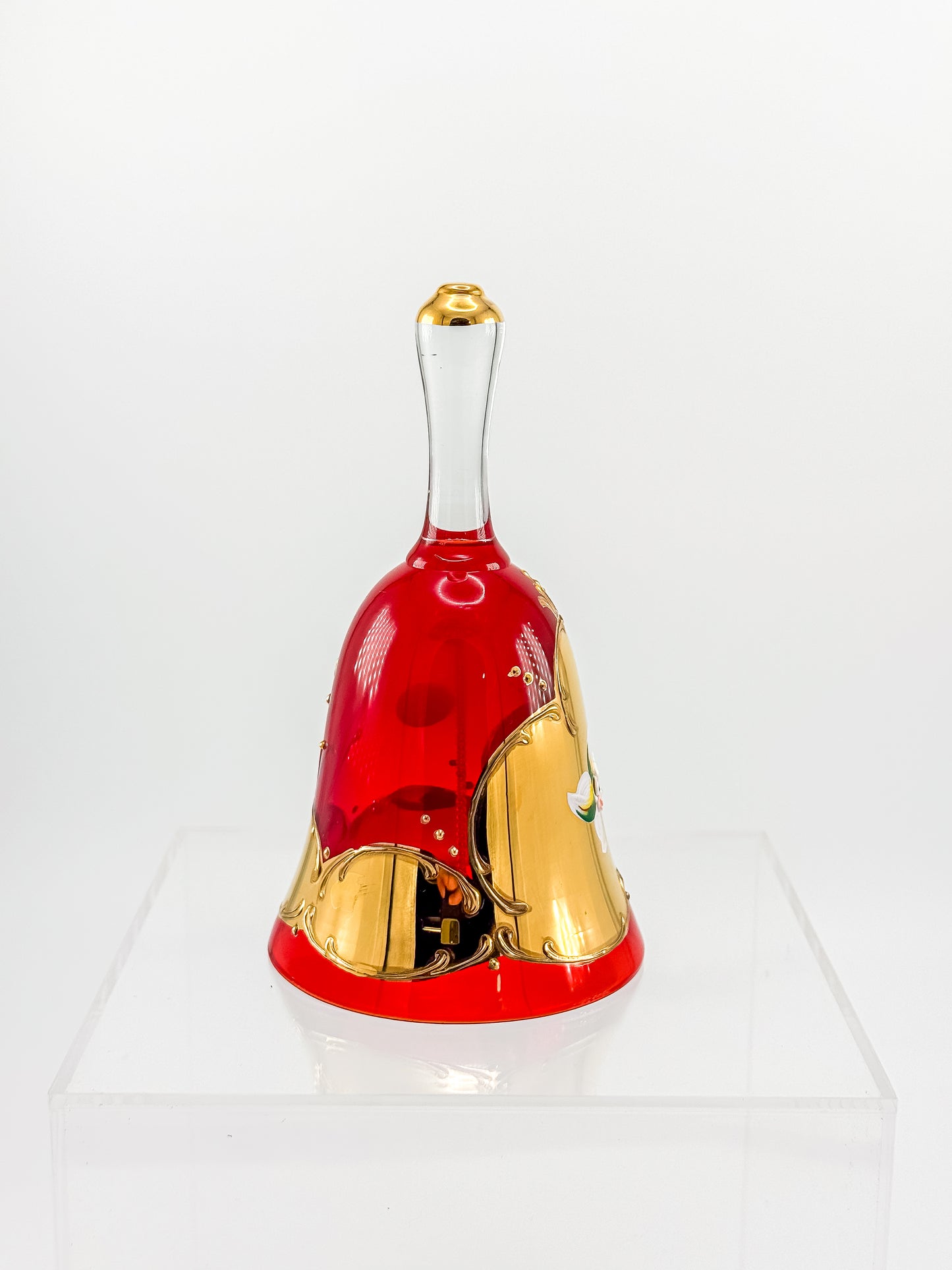 Murano Glass Bell – Ruby Red with 24K Gold & Hand-Painted Enamel Floral