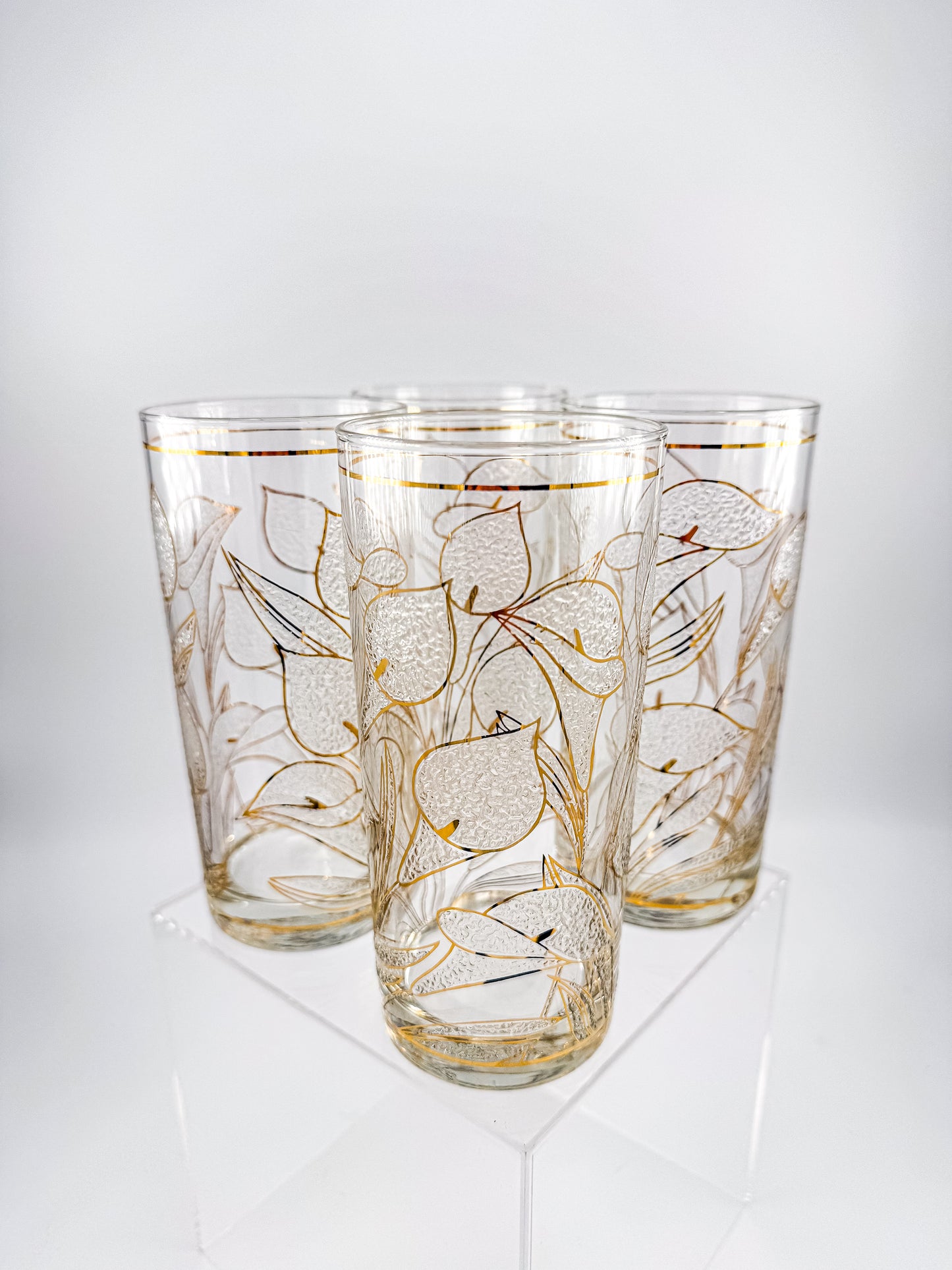 Culver "Ice Flower" Calla Lily 22k Gold Highball Glasses — Set of 4