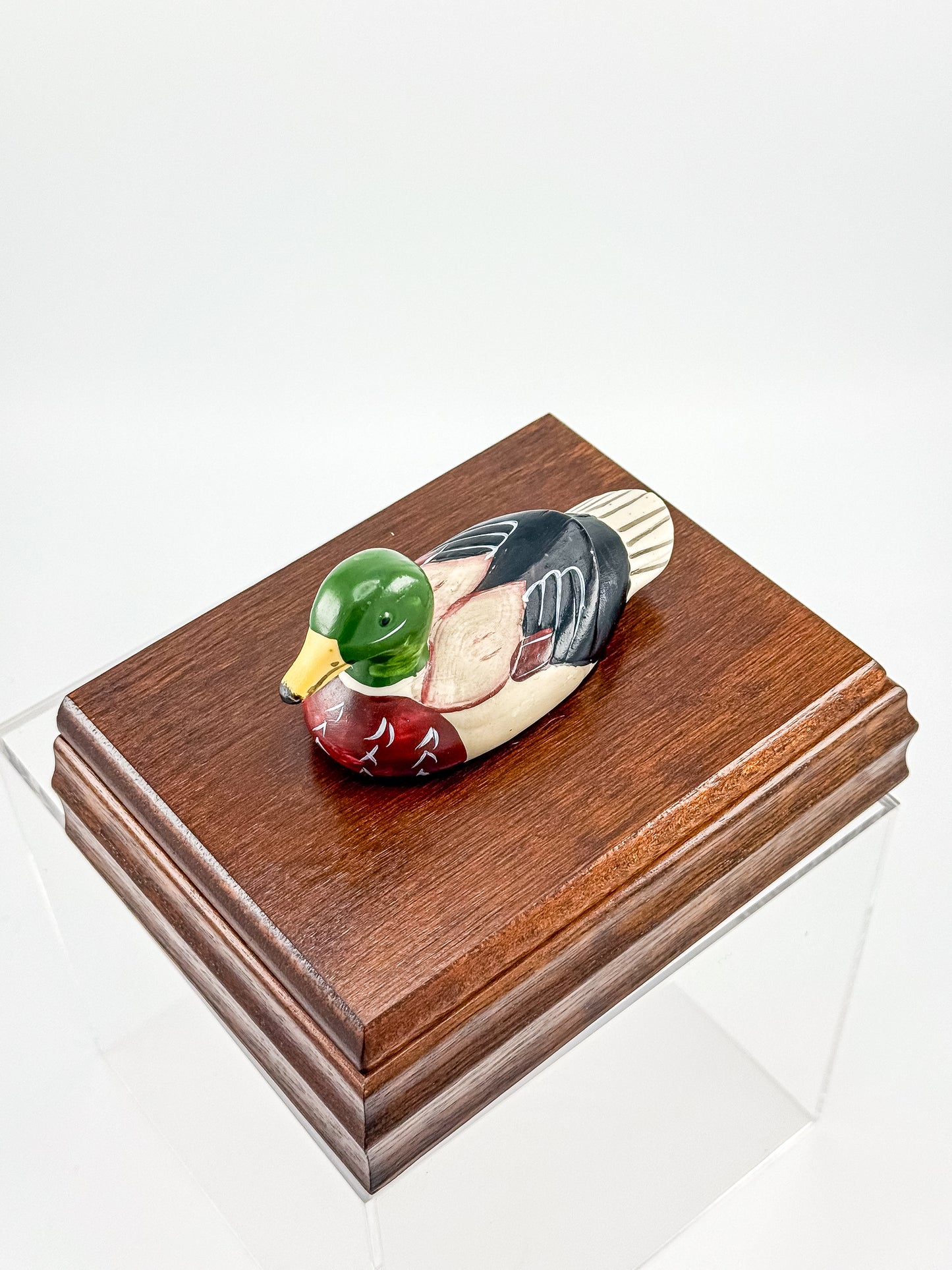Vintage Mahogany Double Playing Card Box — Hand-Painted Mallard Duck Lid, Two Sealed Decks