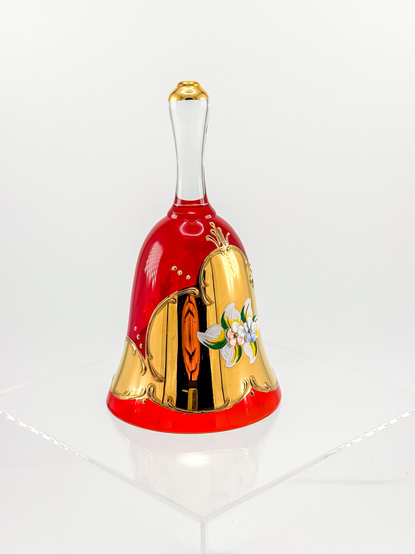 Murano Glass Bell – Ruby Red with 24K Gold & Hand-Painted Enamel Floral