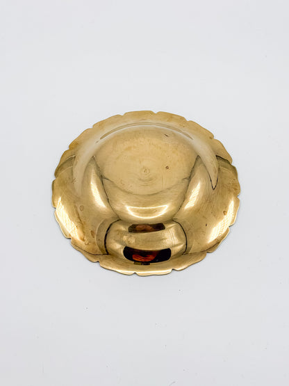 Floral Enameled Brass Plate with Scalloped Edge