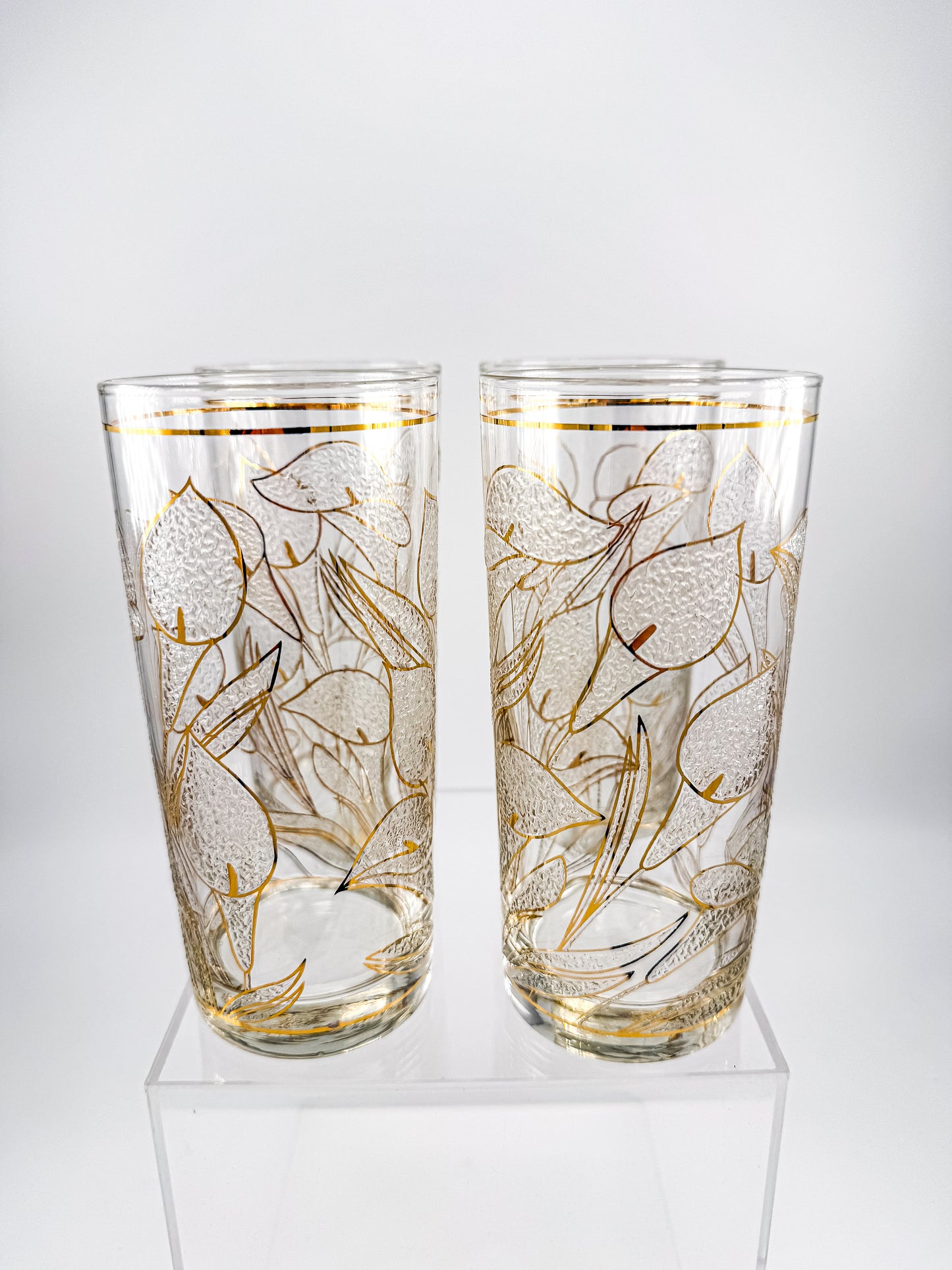Culver "Ice Flower" Calla Lily 22k Gold Highball Glasses — Set of 4