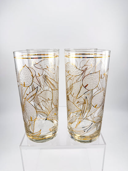 Culver "Ice Flower" Calla Lily 22k Gold Highball Glasses — Set of 4