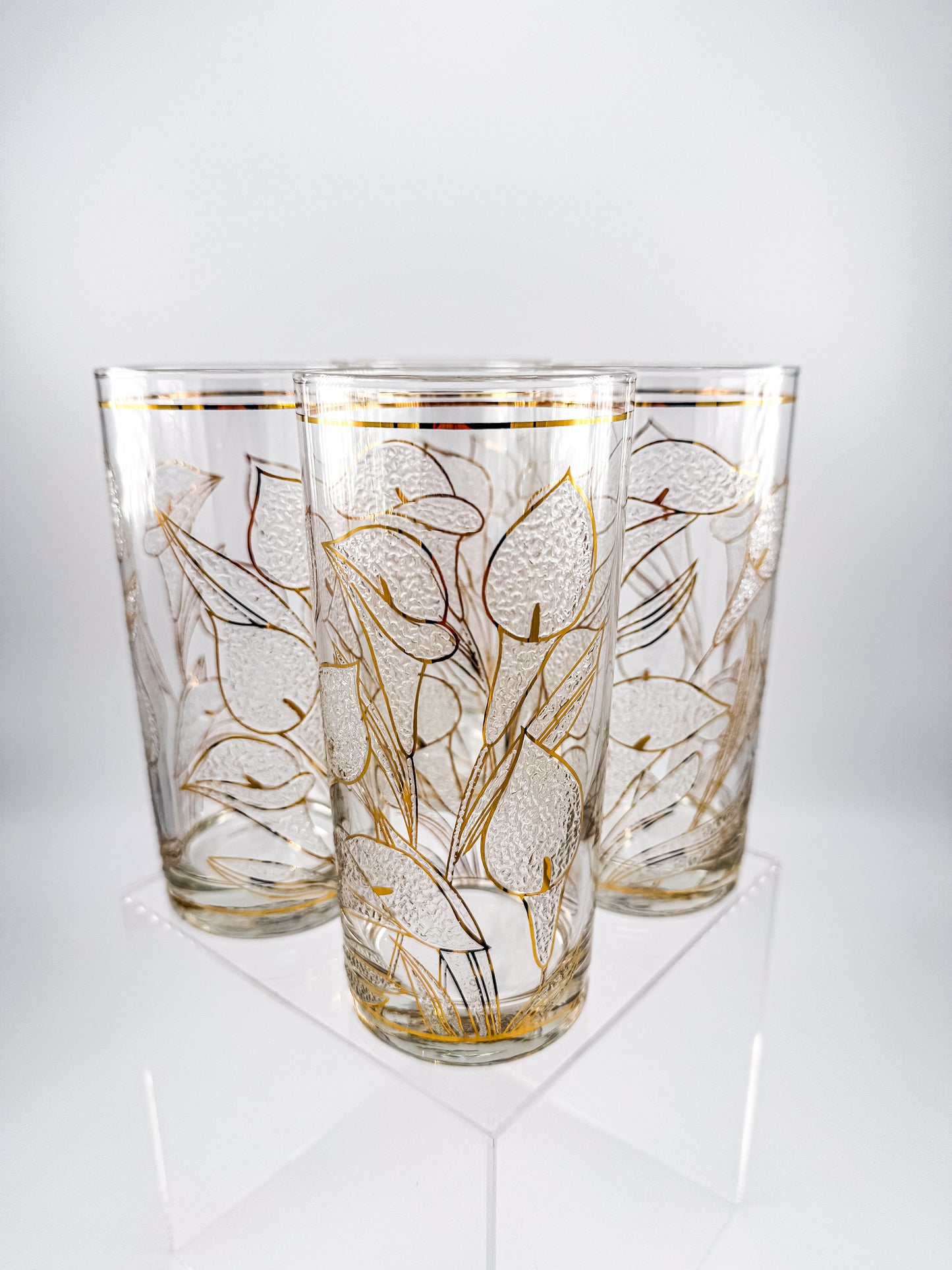 Culver "Ice Flower" Calla Lily 22k Gold Highball Glasses — Set of 4