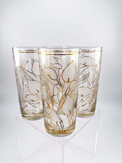 Culver "Ice Flower" Calla Lily 22k Gold Highball Glasses — Set of 4