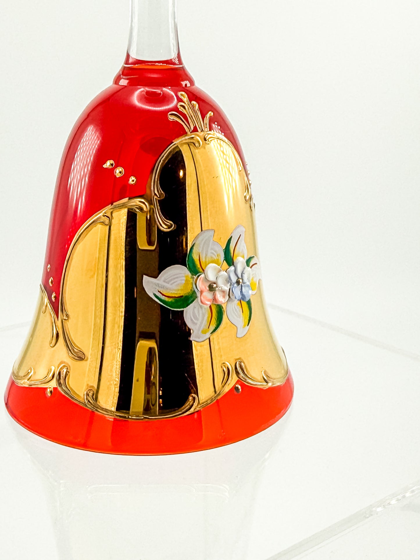 Murano Glass Bell – Ruby Red with 24K Gold & Hand-Painted Enamel Floral