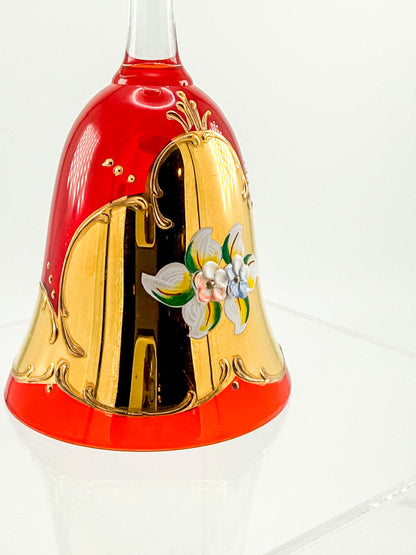 Murano Glass Bell – Ruby Red with 24K Gold & Hand-Painted Enamel Floral
