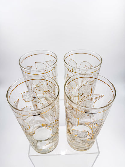 Culver "Ice Flower" Calla Lily 22k Gold Highball Glasses — Set of 4