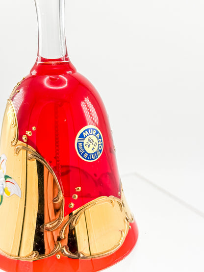 Murano Glass Bell – Ruby Red with 24K Gold & Hand-Painted Enamel Floral