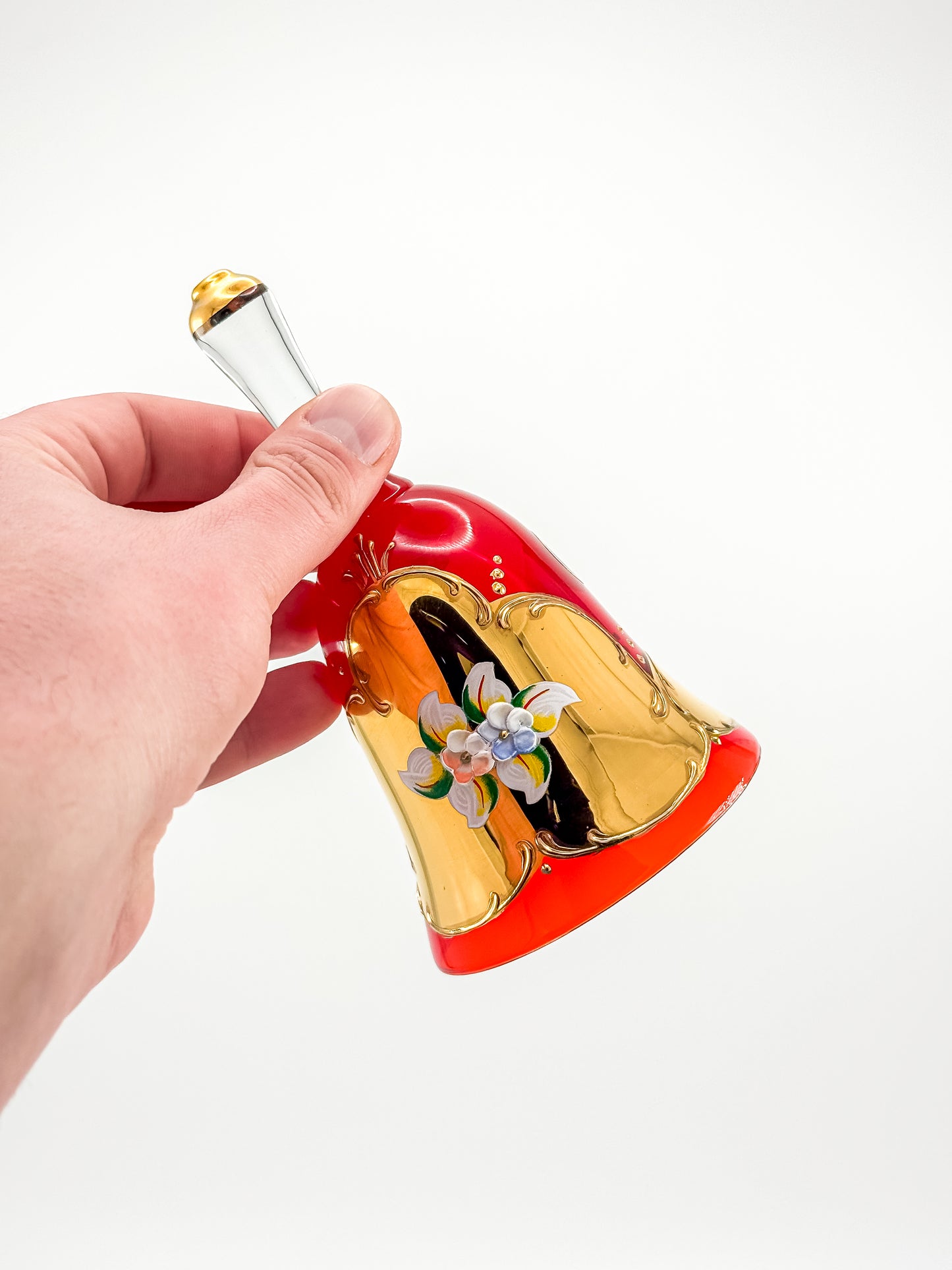 Murano Glass Bell – Ruby Red with 24K Gold & Hand-Painted Enamel Floral