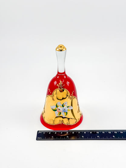 Murano Glass Bell – Ruby Red with 24K Gold & Hand-Painted Enamel Floral