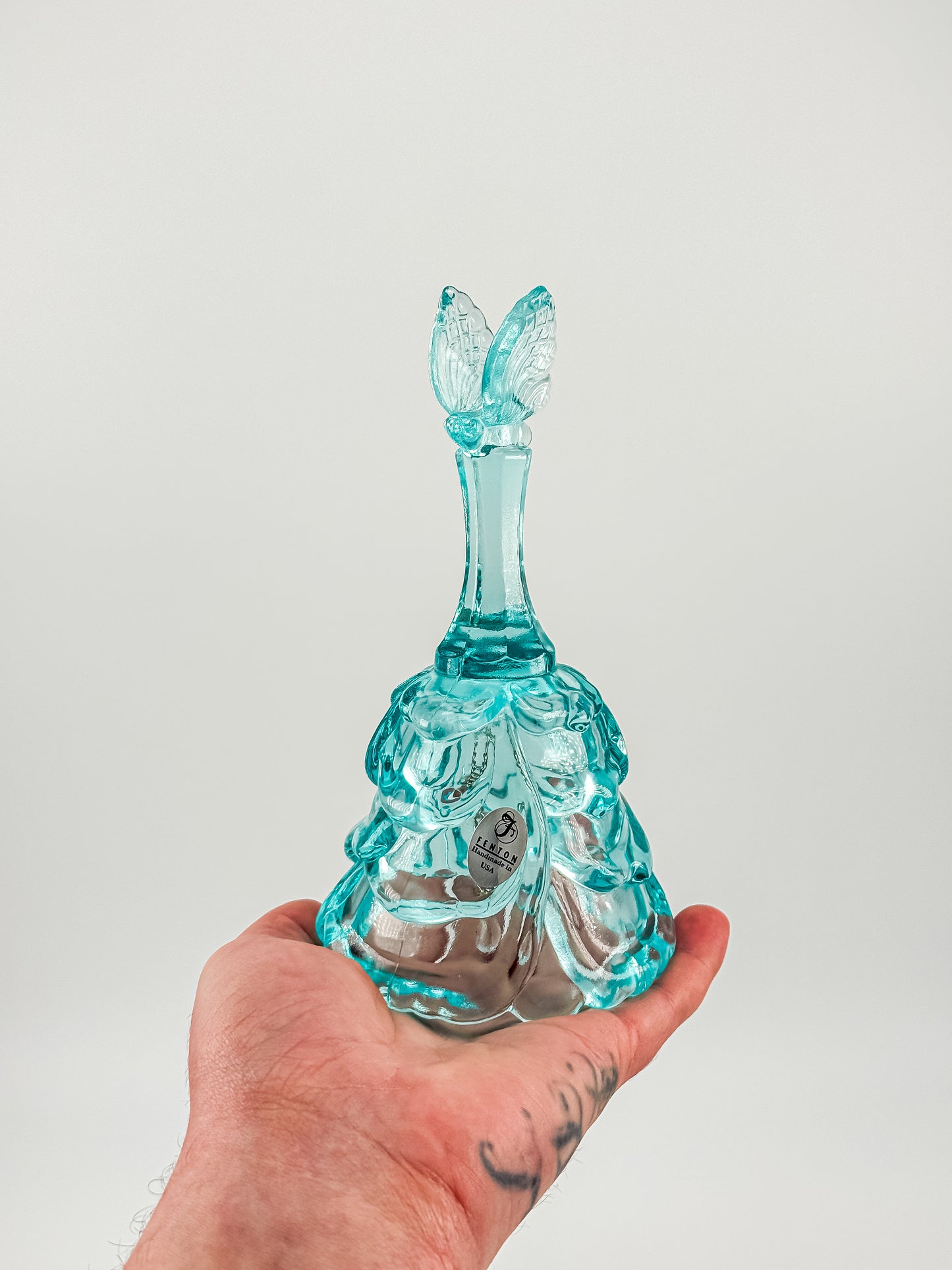 Fenton Art Glass Aqua Butterfly Bell — Handmade in USA