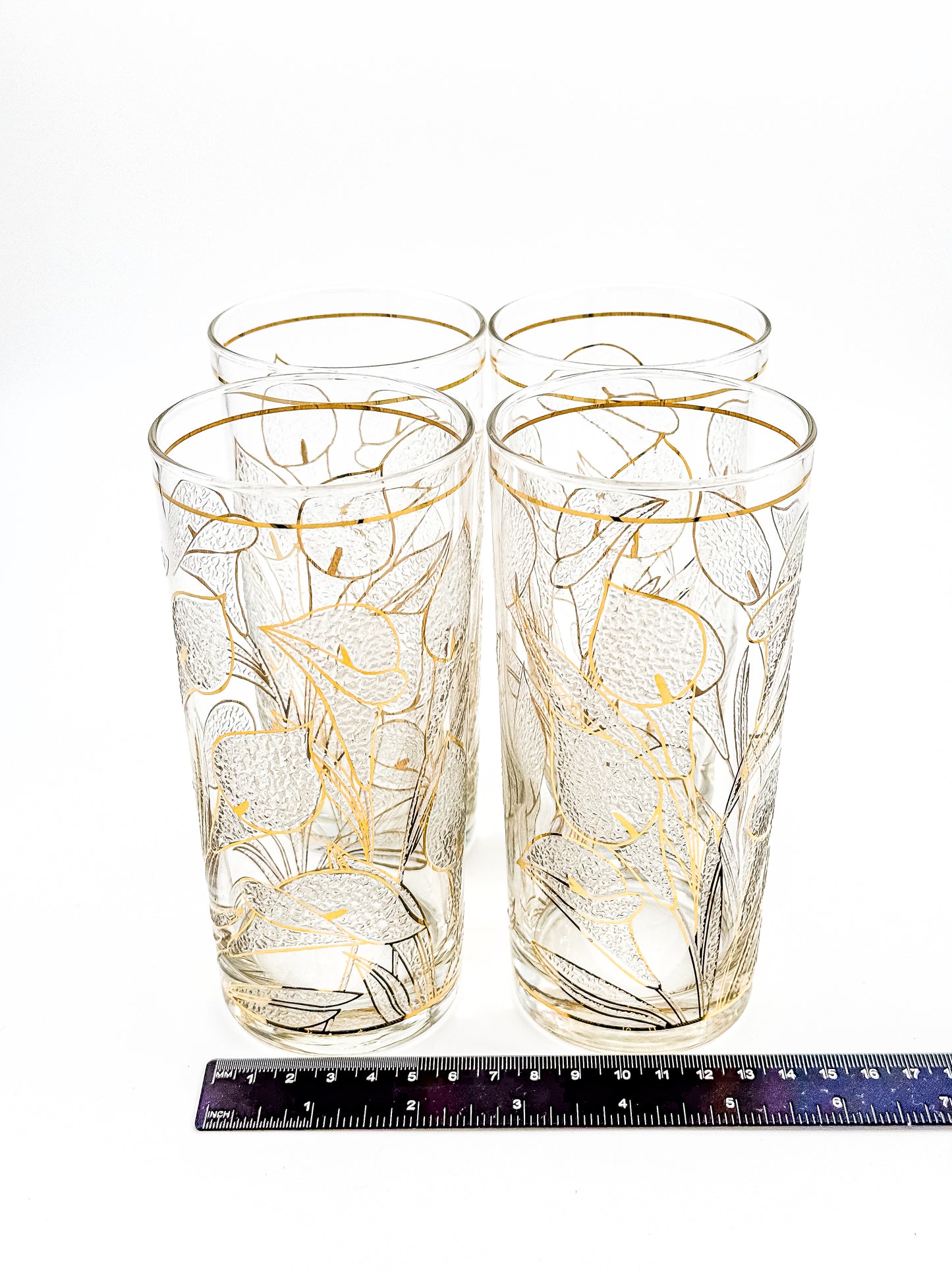 Culver "Ice Flower" Calla Lily 22k Gold Highball Glasses — Set of 4