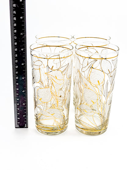 Culver "Ice Flower" Calla Lily 22k Gold Highball Glasses — Set of 4