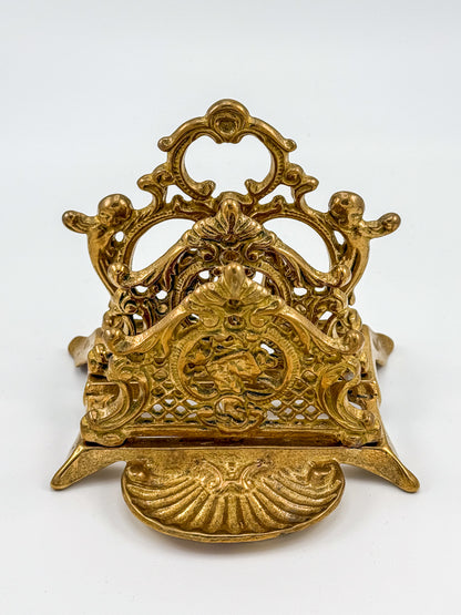 Vintage Brass Triple Letter Holder with Ornate Filigree Detail