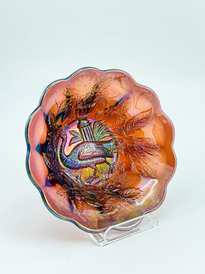 Millersburg Peacock Berry Bowl | No Bee | Red Amberina Carnival Glass | Early 1900s