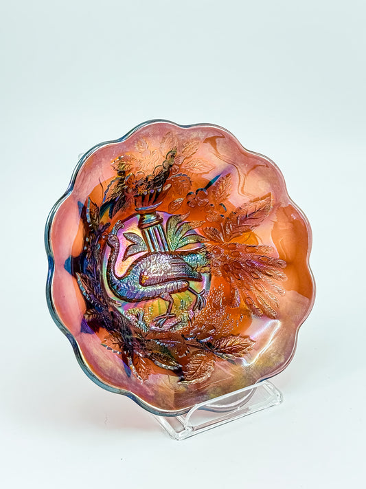 Millersburg Peacock Berry Bowl | No Bee | Red Amberina Carnival Glass | Early 1900s