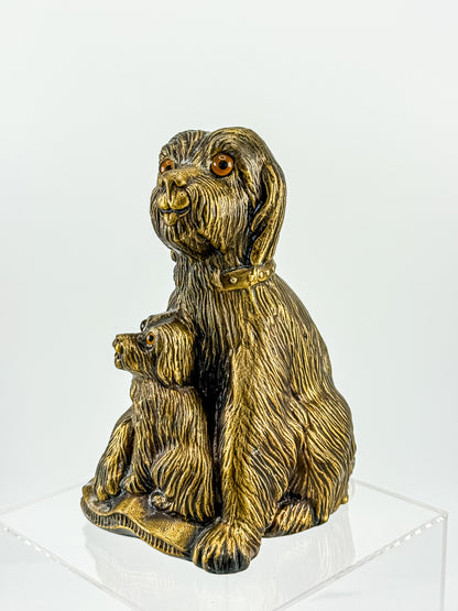 Vintage Bronze-Tone Dog & Pup Figurine with Orange Eyes — Hollow Base