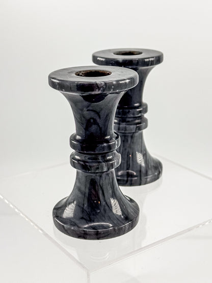 Vintage Black Marble Candlesticks - Pair