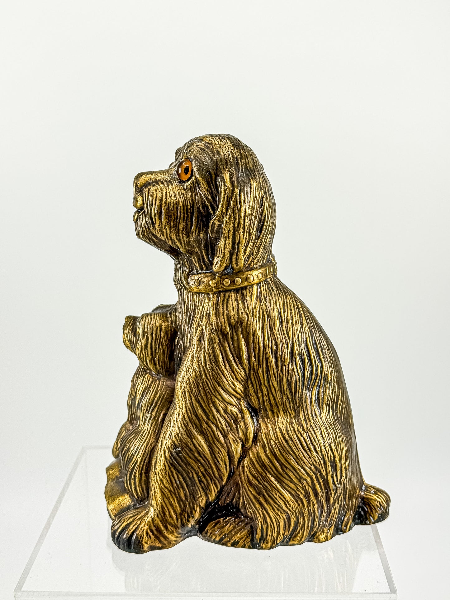 Vintage Bronze-Tone Dog & Pup Figurine with Orange Eyes — Hollow Base