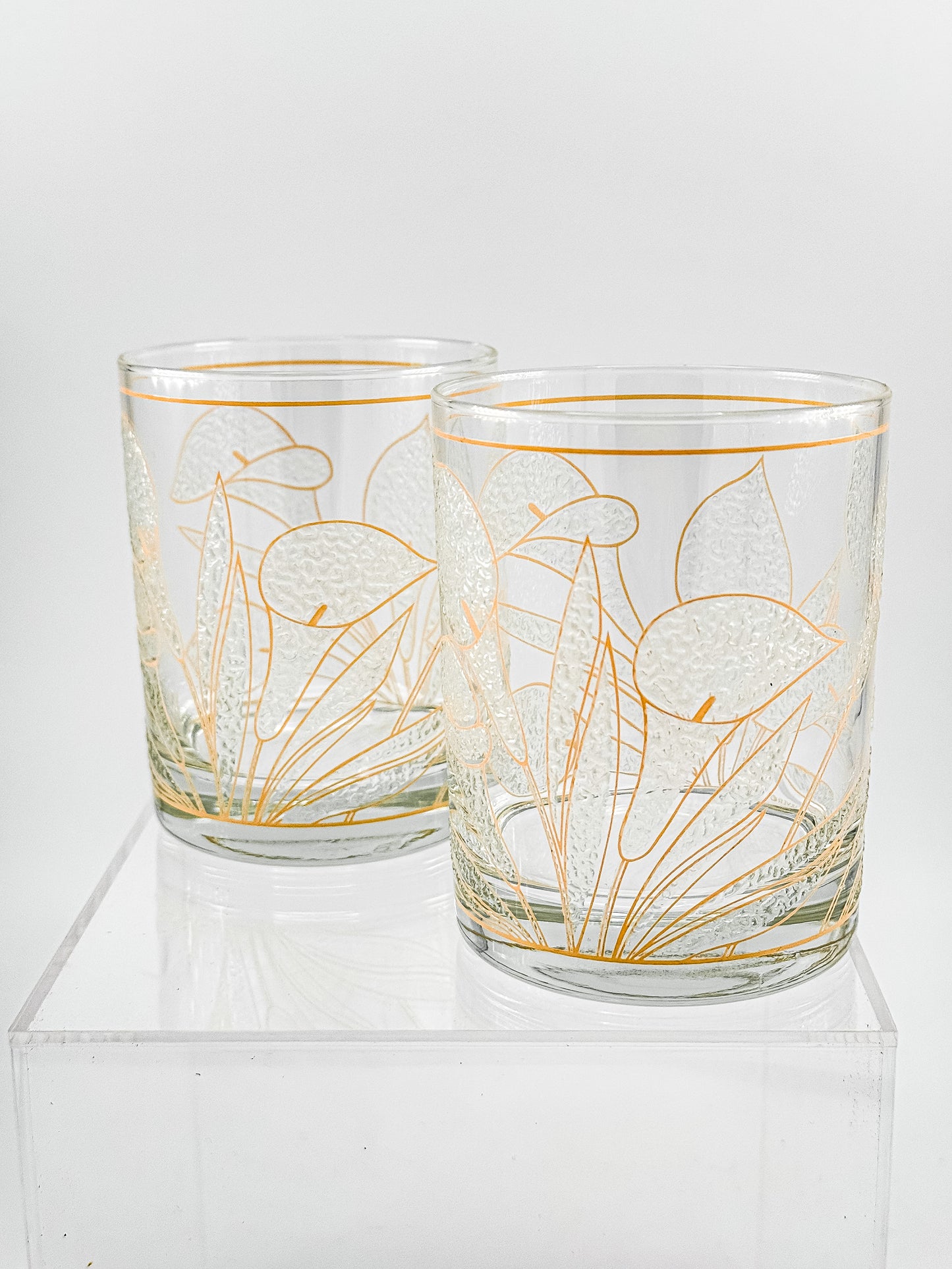 Culver "Ice Flower" Calla Lily 22k Gold Rocks Glasses — Set of 2