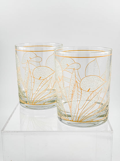 Culver "Ice Flower" Calla Lily 22k Gold Rocks Glasses — Set of 2