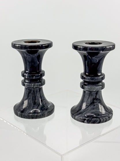 Vintage Black Marble Candlesticks - Pair