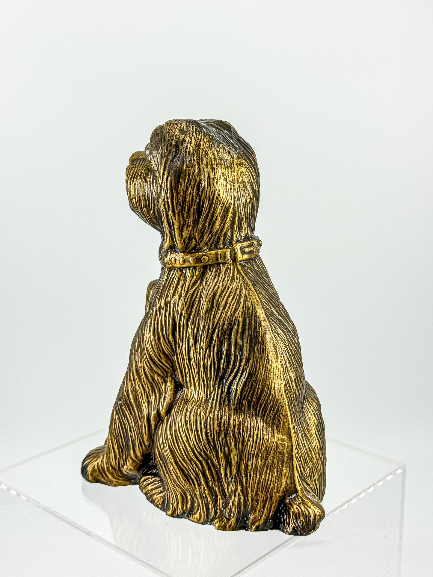 Vintage Bronze-Tone Dog & Pup Figurine with Orange Eyes — Hollow Base