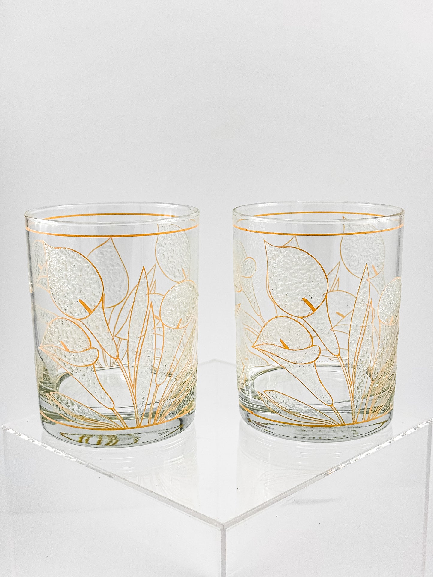 Culver "Ice Flower" Calla Lily 22k Gold Rocks Glasses — Set of 2