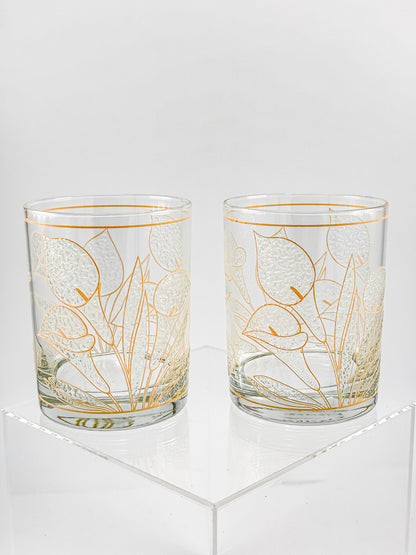 Culver "Ice Flower" Calla Lily 22k Gold Rocks Glasses — Set of 2