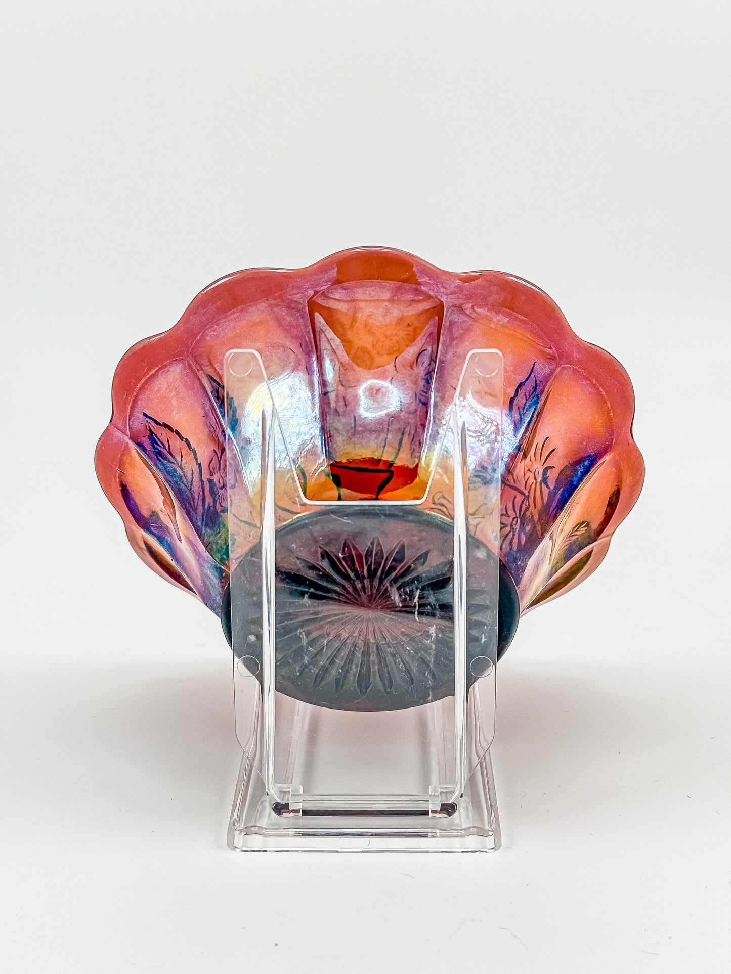 Millersburg Peacock Berry Bowl | No Bee | Red Amberina Carnival Glass | Early 1900s