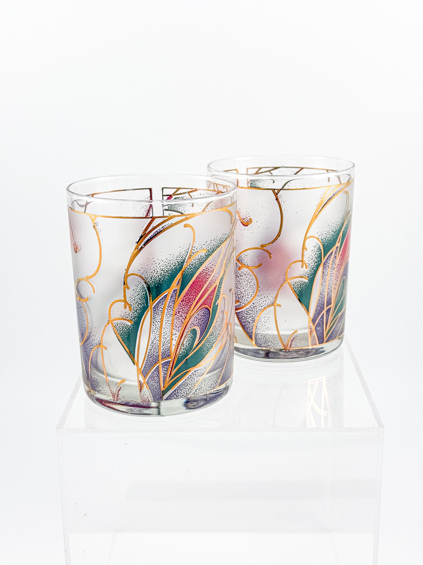 Culver Abstract Floral 22k Gold Rocks Glasses — Set of 2