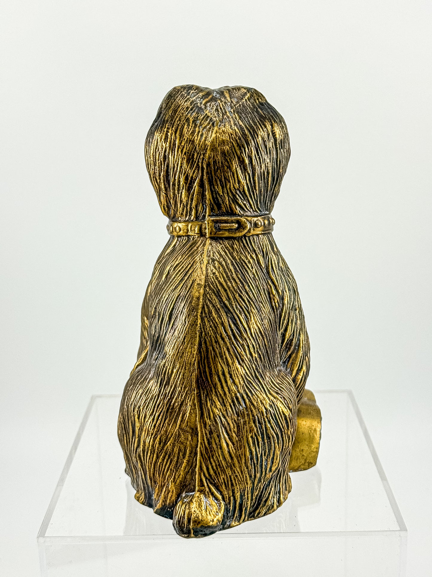 Vintage Bronze-Tone Dog & Pup Figurine with Orange Eyes — Hollow Base