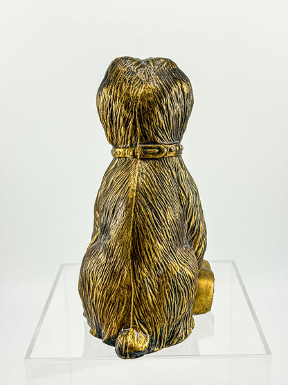 Vintage Bronze-Tone Dog & Pup Figurine with Orange Eyes — Hollow Base